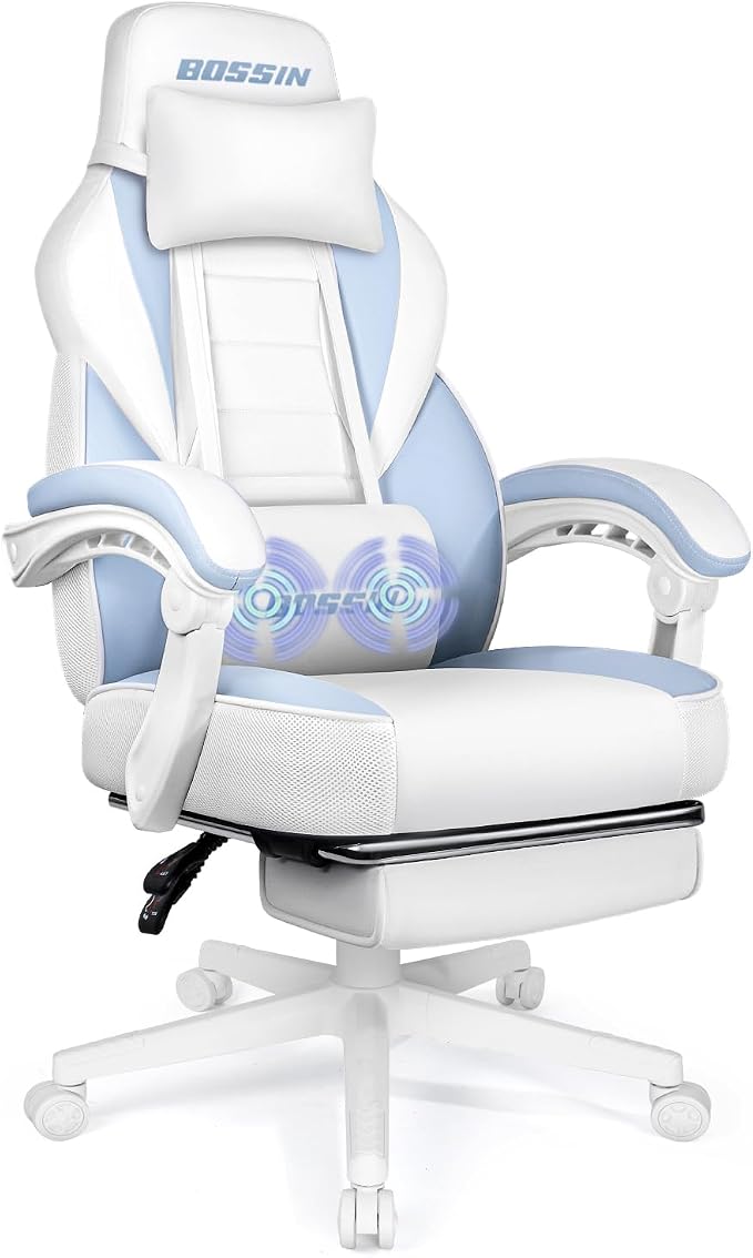 BOSSIN Gaming Chair with Massage, Ergonomic Heavy Duty Design with Footrest and Lumbar Support, Large Size Cushion High Back Office Chair, Big and Tall Gaming Computer Chair for Kids（White and Blue） by BOSSIN