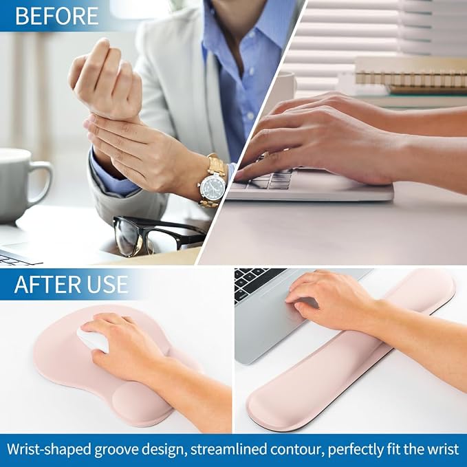 RICHEN Wrist Rest Support for Mouse Pad&Keyboard Set with Coaster,Concave Curved Memory Foam, Non-Slip Base Pain Relief Comfortable Easy Typing Pad for Home/Office (Lycra Pink) - Image 5