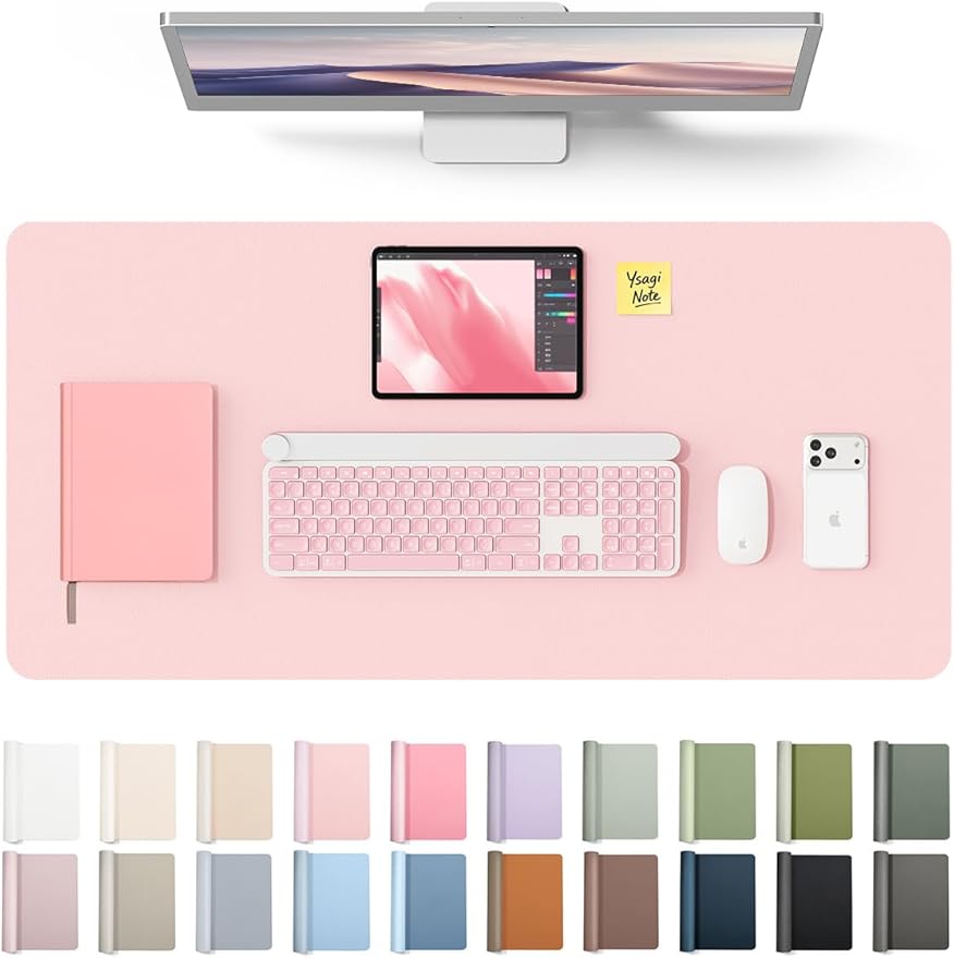 YSAGi Leather Desk Protector, Office Mat, Large Mouse Mat, Non-Slip PU Leather Blotter, Laptop Desk Pad, Waterproof Writing Pad for Office and Home (Light Pink, 31.5" x 15.8") by YSAGi