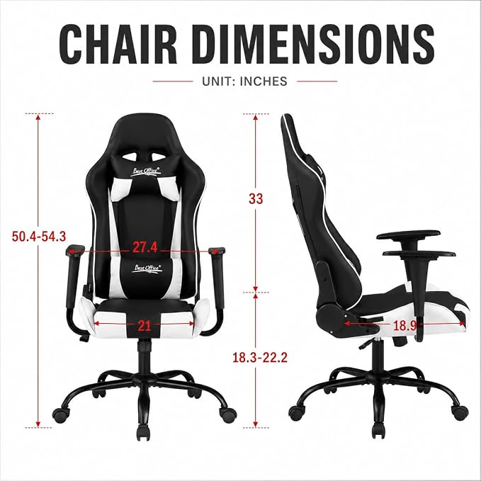 BestOffice Gaming Chair Desk Chair Ergonomic High Computer Chair with Adjustable Lumbar Support, Armrests, and Racing-Inspired Design for Office and Home Use (White) - Image 3