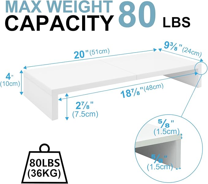 TEAMIX 2 Pack White Monitor Stand Riser 20 inch, Wooden Desktop Stand Shelf | For 2 Monitors, Laptop, Printer, TV, PC Tower, Full Keyboard Storage Underneath, Desk Organizer for Home Office Gaming Vanity - Image 3