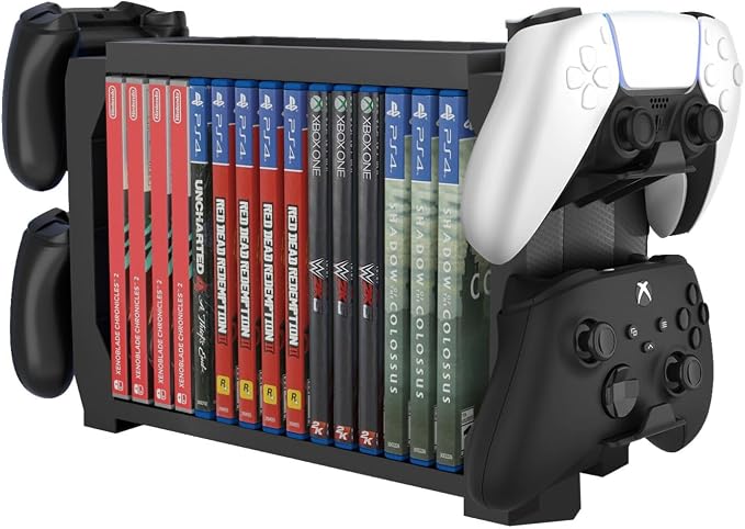 TNP Video Game Storage Tower for PS5, 15 Game Cases, 4 Controllers, Black by TNP+Products