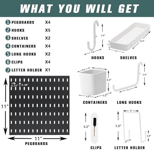 Pegboard Combination Kit for Wall Organizer, Wall Mounted Peg Board Kits for Kitchen, Bedroom, Office, &Bathroom, 4 Pieces Black Pegboards and 14 Accessories, 22" x 22" - Image 2
