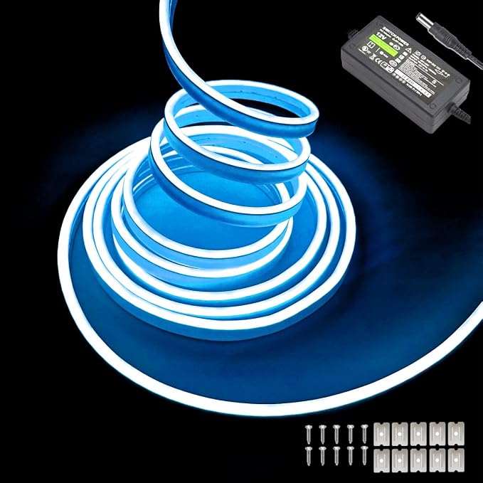 Ice Blue Neon LED Strip Lights, 16.4ft 12V Waterproof Flexible Light for Indoor/Outdoor Decoration (Includes Power Adapter) by Maxlaxer