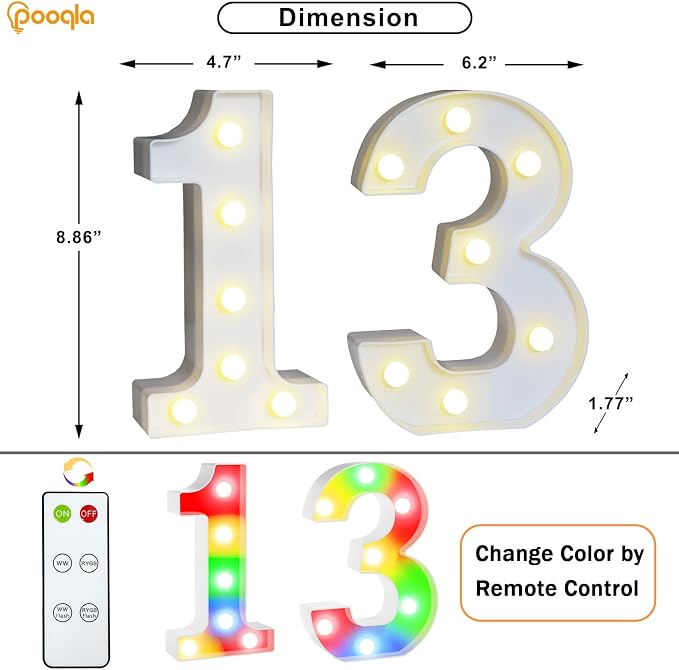 Pooqla 13th Birthday Decoration for Girls Boys, Decorative LED Light Up Numbers, Marquee Numbers 13 Sign for Party Backdrop 13th Wedding Anniversary Decor Gift, Warm White and Colorful Number 13 - Image 3