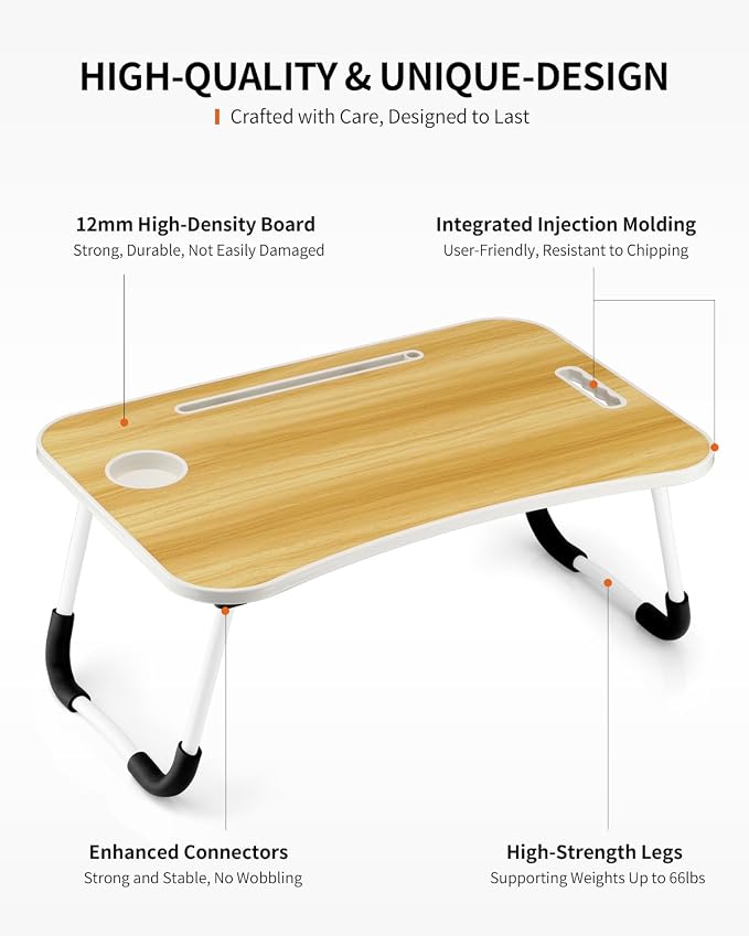 FISYOD Foldable Laptop Table, Portable Lap Desk Bed Table Tray, Laptop Stand with Cup Holder & Tablet Slot & Lifting Handle for Working Writing Drawing & Eating (Wood) - Image 5