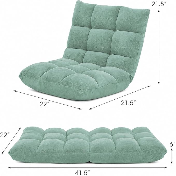 Folding Floor Chair with Back Support, Floor Seat, Lazy Sofa Chair | 14 Adjustable Position, Soft Coral Fleece, Thick Foam, Steel Frame Gaming Chair for Adults, Meditation, Living Room (Green) - Image 3