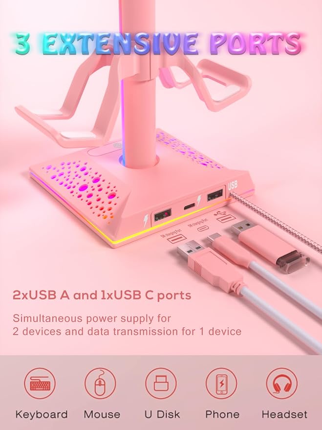 VCOM RGB Gaming Headphones Stand with 2 USB Ports, Pink Headset Stand with 10 Light Modes and Non-Slip Rubber, Suitable for PC Desk Accessories Gamers Gift(Pink) - Image 3