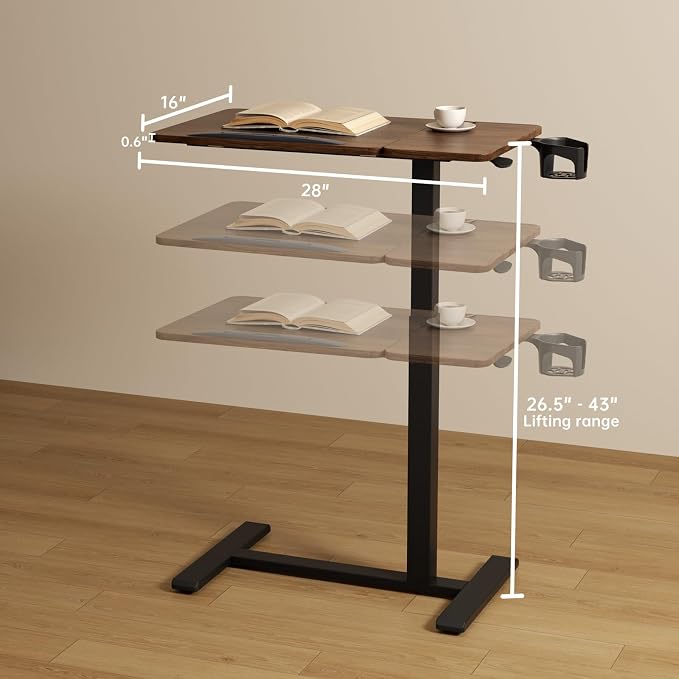 Overbed Bedside Table with Wheels, Pneumatic Adjustable Medical Tilt Top Hospital Bed Table Over The Bed, Rolling Laptop Desk, Mobile Standing Desk for Hospital and Home Use, Walnuts - Image 2