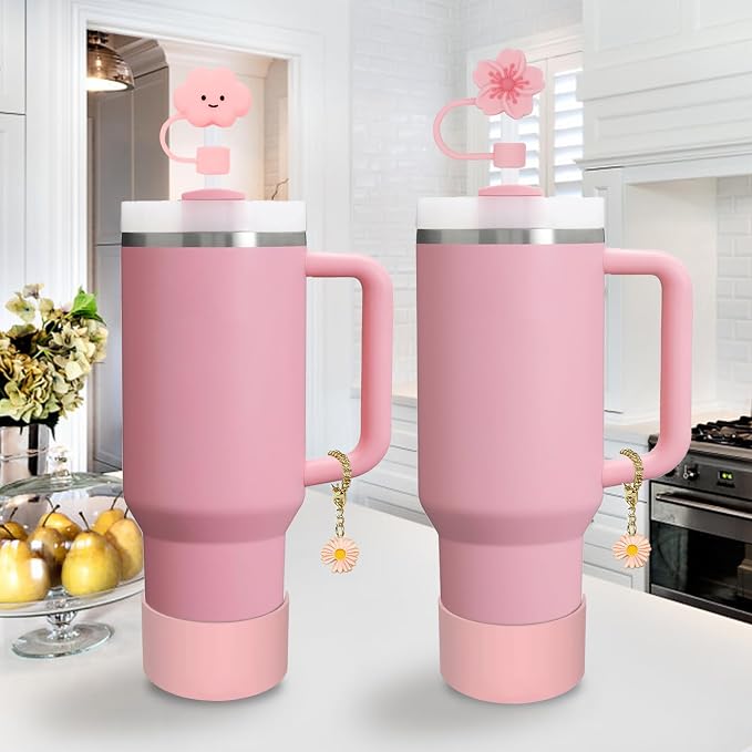 Stanley Cup Accessories Set,Including 2 Pcs 0.4in Straw Cover, 1 Silicone Spill-Proof Stopper Set of 3, 1 Cute Flowers Handle Charm, 1 Silicone Boot Fits Stanley 40&30 Oz Tumbler (Pink 2.0) - Image 6