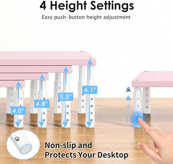 OPNICE Adjustable Monitor Stand Riser for Desk, Wood Computer & Laptop Stand, Desk Organizers and Accessories, Office Desk Accessories & Workspace Organizer for Home Office Supplies, Pink - Image 2