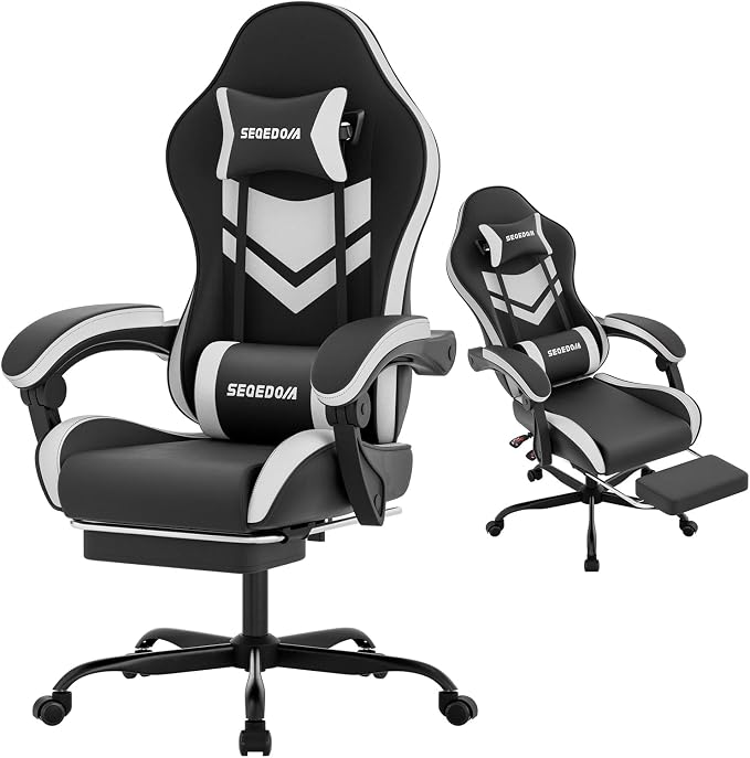 Gaming Chair with Footrest & Massage Lumbar Support, PU Leather Ergonomic High Back Swivel Height Adjustable Chair for Adults, Office Gaming, 300 lbs (Black White) - Image 4