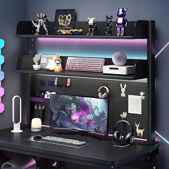 Clamp On Desk Pegboard Shelf - Metal Desktop Organizer Hutch with 2 Shelves | Storage and Display, Desk Add-On Shelf for Office, Dorm Room, Bedroom, Black, 23.6In - Image 5