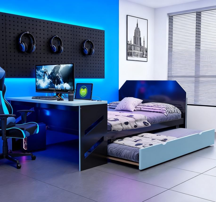 Bellemave Full Size Gaming Bed with Desk and USB and Twin Size Trundle, Wood Gamer Bed, Full Beds with Desk, Black+Cloud Blue - Image 4