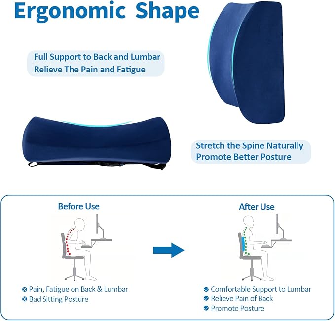 SAIREIDER Office Chair Lumbar Pillow, Memory Foam Back Support Pillows for Car、Gaming Chair、 Home Chair, Fatigue Relief Correct Posture, Double Adjustable Straps(Navy Blue) - Image 2