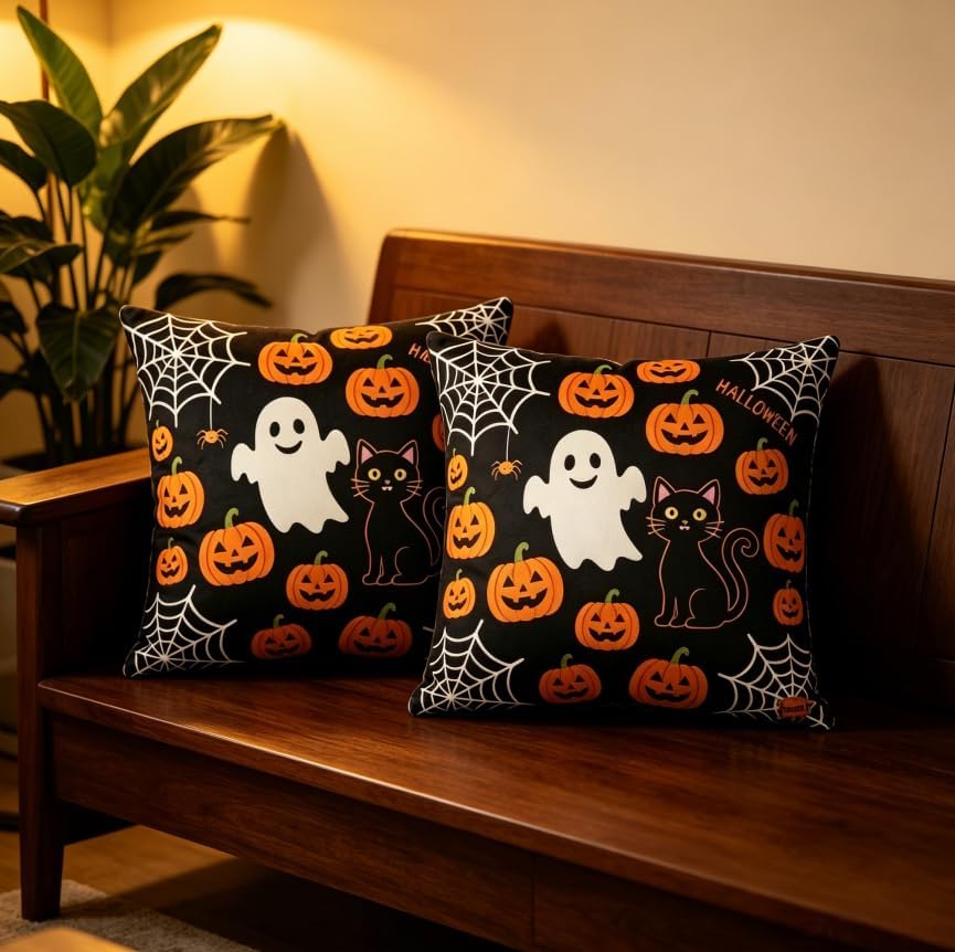 Halloween Throw Pillow Covers, Ghost Pumpkin Spider Web Black Cat Design, Linen, 18x18 Inch, Set of 2 - Image 6