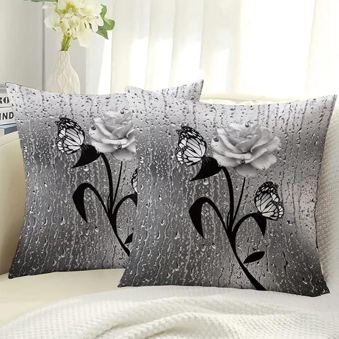 2pcs Elegant Decorative Throw Pillow Cover with Butterfly and Rose Design, Black and White Raindrop Pattern, Square Shape，18x18 Pillows Linen Pillowcase - Image 6