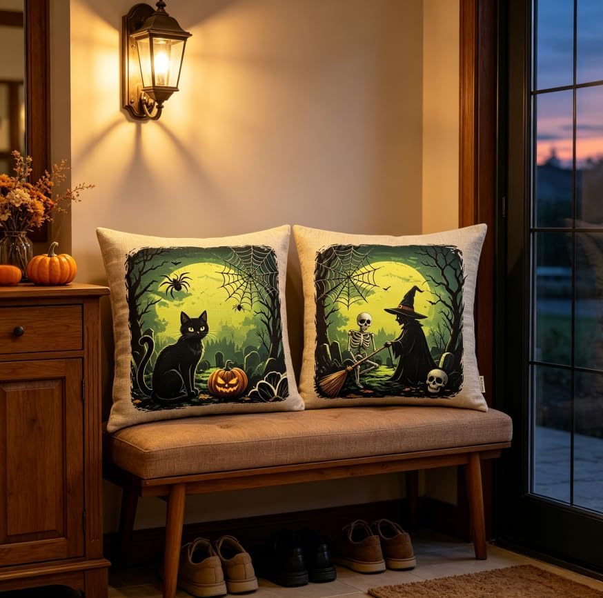 Halloween Throw Pillow Covers, Linen, 18x18 Inch, Set of 2, Witch, Black Cat and Skeleton Spooky Design, Machine Washable - Image 2
