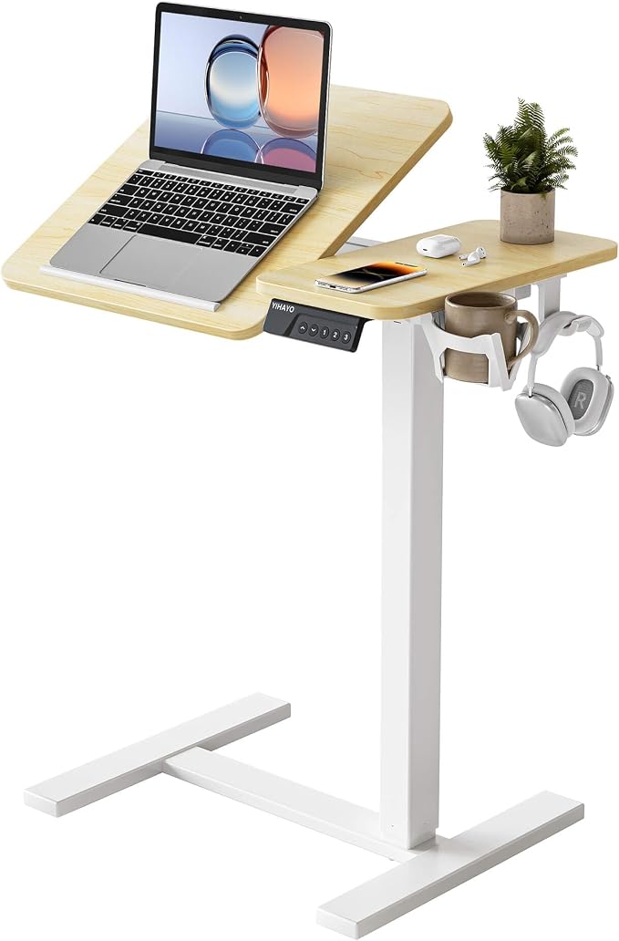 YIHAYO Adjustable Overbed Bedside Table with Wheels, 28 x 16 Inches Electric Mobile Standing Desk, Laptop Desk, Movable Overbed Tables Hospital Home Use, Natural by YIHAYO