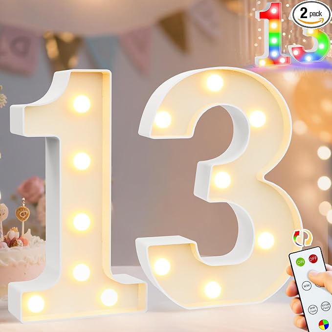 Pooqla 13th Birthday Decoration for Girls Boys, Decorative LED Light Up Numbers, Marquee Numbers 13 Sign for Party Backdrop 13th Wedding Anniversary Decor Gift, Warm White and Colorful Number 13 by Pooqla