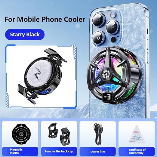 Protable Mobile Phone Cooler, Three-Speed Magnetic Cellphone Radiator with Temperature Display&Light, Rechargeable Phone Cooling Fan with Semi-Conductor Cooling Chip for Mobile Gaming Live Streaming - Image 2