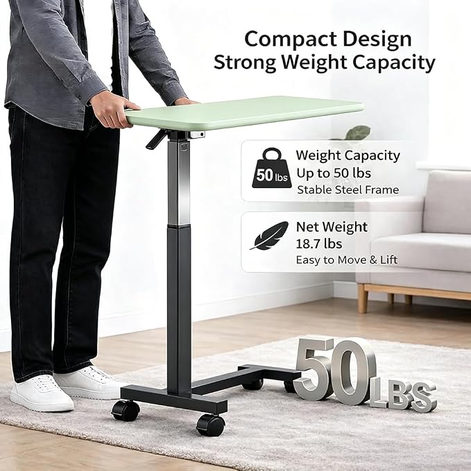 Adjustable Overbed Table with Wheels, Pneumatic Height Lift Rolling Bedside Table, Standing Desk for Home & Office Use, Ideal for Seniors & Limited Mobility (Light Green) - Image 3