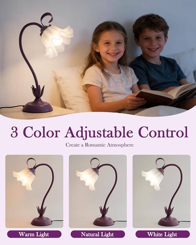 WERFOP Flower Table Lamp, LED Reading Light Vintage Bedside Table Lamp with 3 Color Modes for Nightstand, Kawaii Decoration for Home Bedroom Living Room (Purple) - Image 2