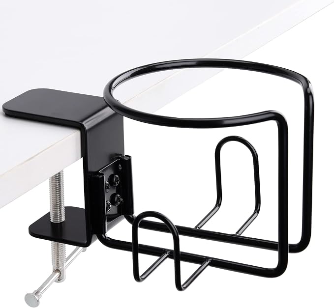 Large Desk Cup Holder, Clip On Table Cup Holder, Anti-Spill Drink Holder for Lawn Chair, Horizontal or Vertical Mount, Pack of 1, Black by LEKUSHA