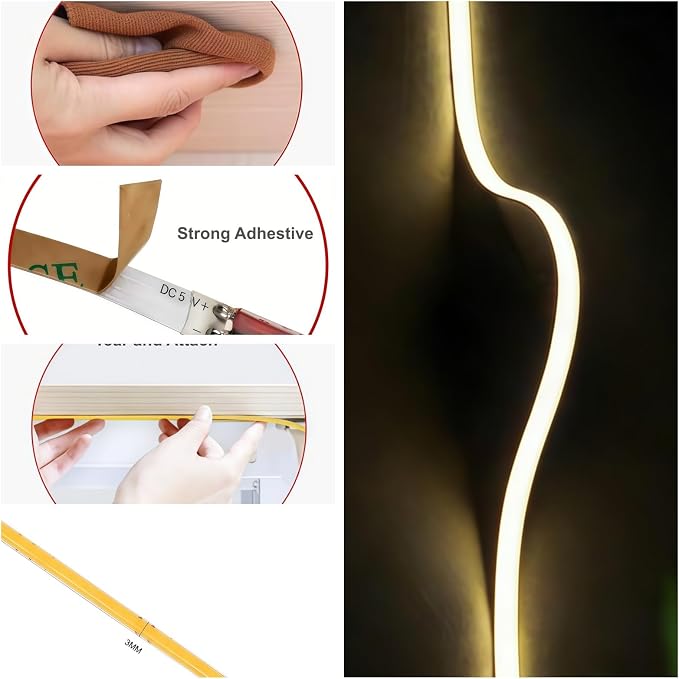 Ultra-Narrow 3mm USB COB LED Strip Lights Self-Adhesive, for Kitchen Cabinets, Bedroom (4000k Natural White, 4ft) - Image 3