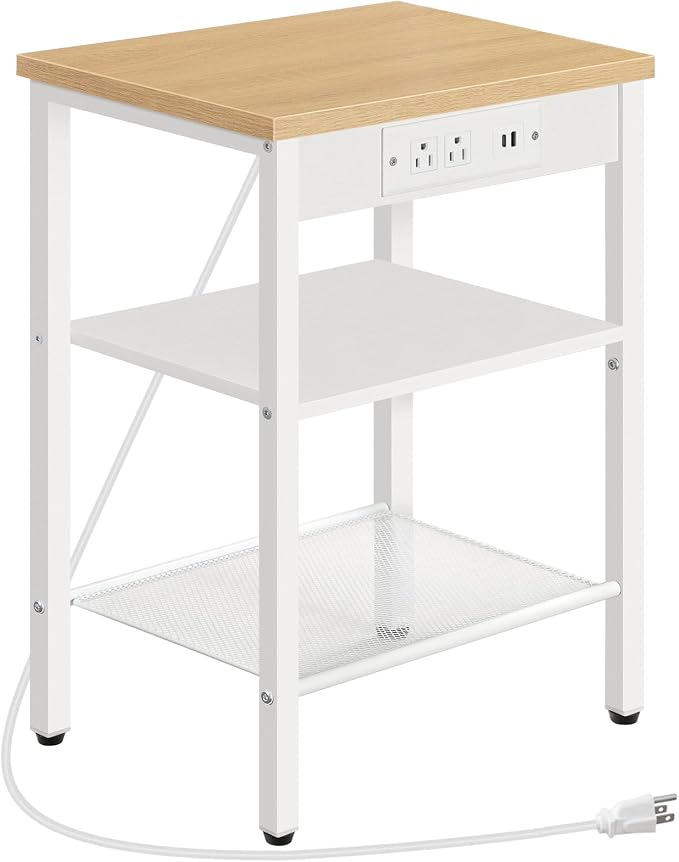 HOOBRO Side Table with Charging Station and USB Port, Small End Table for Small Space, 3-Tier Nightstand with Adjustable Shelf, for Living Room, Bedroom, Natural and White WN112BZ01 by HOOBRO