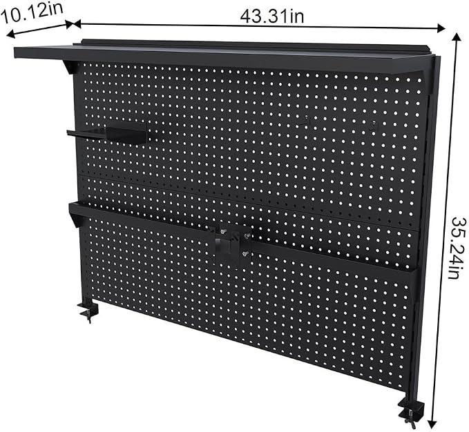 Clamp-On Desk Pegboard with Single Monitor Stand, 43" Steel Peg Board Organizer for Office & Gaming Setup, Modular Storage with Hooks & Movable Partition, Fits 0.59"–1.77" Desks, Black - Image 6