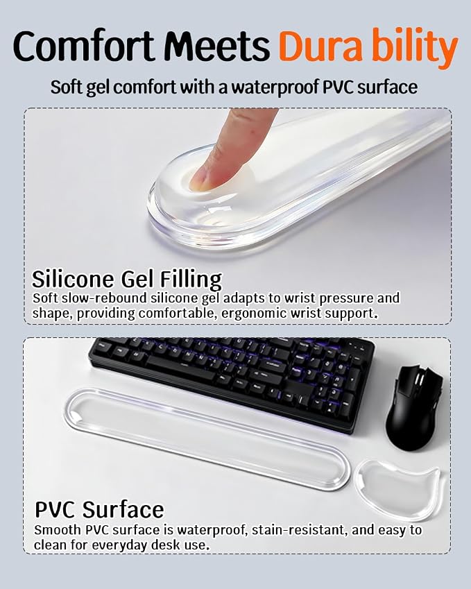 Clear Gel Keyboard Wrist Rest with Mouse Pad Wrist Support, Ergonomic Wrist Rest for Computer Keyboard and Mouse, Non-Slip Cooling Keyboard Pad for Office, Gaming & Laptop (Clear) - Image 3