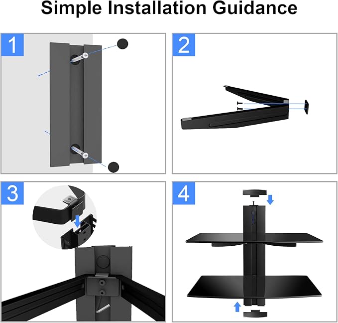 suptek Speaker Mount, Floating Glass Shelf Wall Mount Bracket for DVD Players/Cable Boxes/Games Consoles/TV Accessories, 2 Shelves, Black CS202 - Image 6