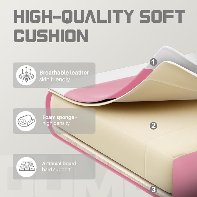DUMOS Ergonomic Gaming Chair with Footrest, Home Office Desk Chair | PU Leather, Headrest, Linkage Armrests, Height Adjustable, 360 Swivel Reclining, Pink White - Image 7