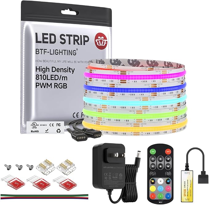 BTF-LIGHTING 16.4FT RGB Color Changing UL Listed DC12V COB LED Strip Kit by BTF-LIGHTING