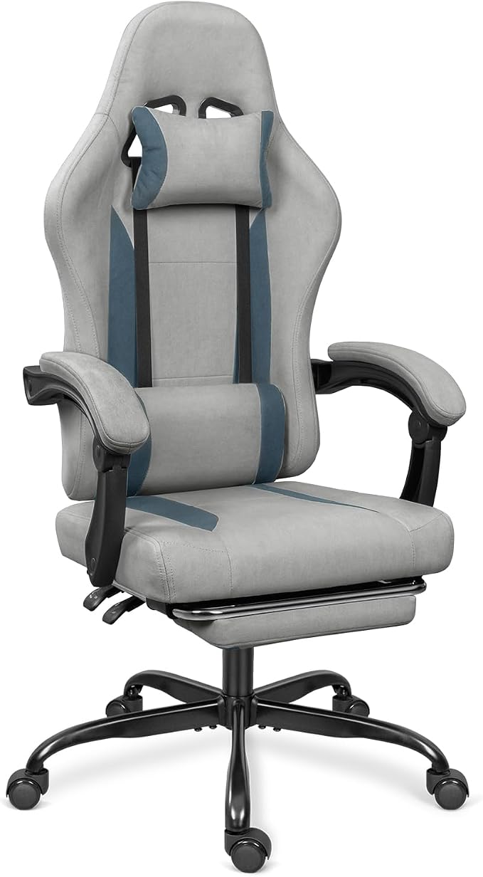 Breathable Fabric Gaming Chair with Footrest - Light Grey/Blue | 90°-135° Recline, 18.5”-22.4” Height Adjust, Breathable Fabric, Footrest for Rest, for Gaming/Office, 15 Min Assembly by Ergodesign