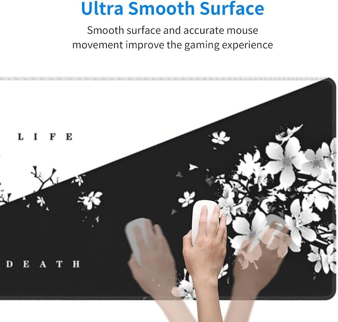 Japanese Life Death Keyboard Mat, Black White Japanese Anime Gaming Mouse Pad for Desk with Anti-Slip Rubber Base and Stitched Edges, Japanese Sakura Pagoda Sun Mouse Pad - Image 3