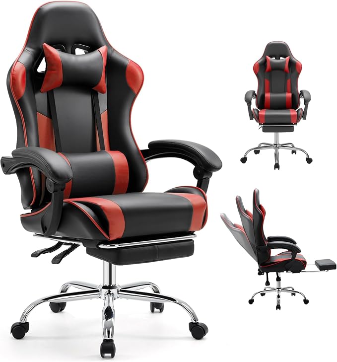 DUMOS Ergonomic Gaming Chair with Footrest, Home Office Desk Chair | PU Leather, Headrest, Linkage Armrests, Height Adjustable, 360 Swivel Reclining, Black Red by DumosLifestyle