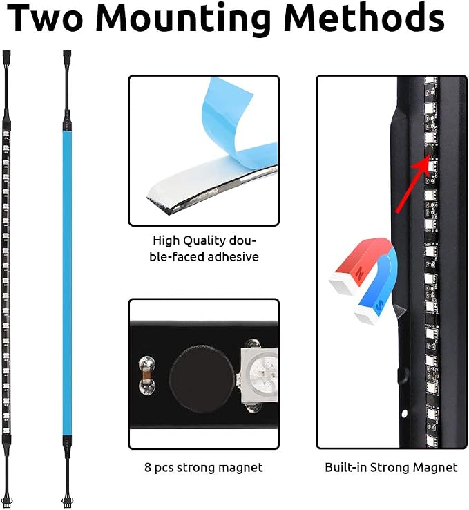 PC Addressable RGB LED Strip Lights Kit - Magnetic PC Case Lighting, 2PCS 42LEDs ARGB Strip for 5V 3pin RGB Header Motherboard Asus Aura, Asrock RGB Led, Gigabyte RGB Fusion, Mystic Light - Image 4