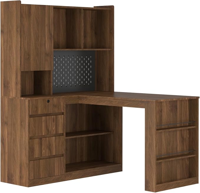 KEIKI L Shaped Home Office Desks with LED Light, Pegboard, Hutch, Drawers, Bookshelf & Storage Shelves, Modern Wooden Gaming Computer Corner Table for Work, Study, Writing - Image 4