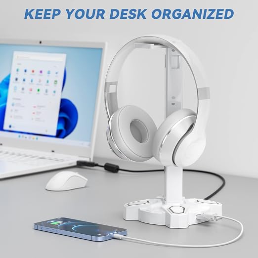 KDD Gaming Headphones Stand, Rotatable Headset Stand with Light Modes - Controller Holder with 2 USB Charging Ports and 3.5mm - Earphone Hanger Accessories for Desktop Gamer(White) - Image 8