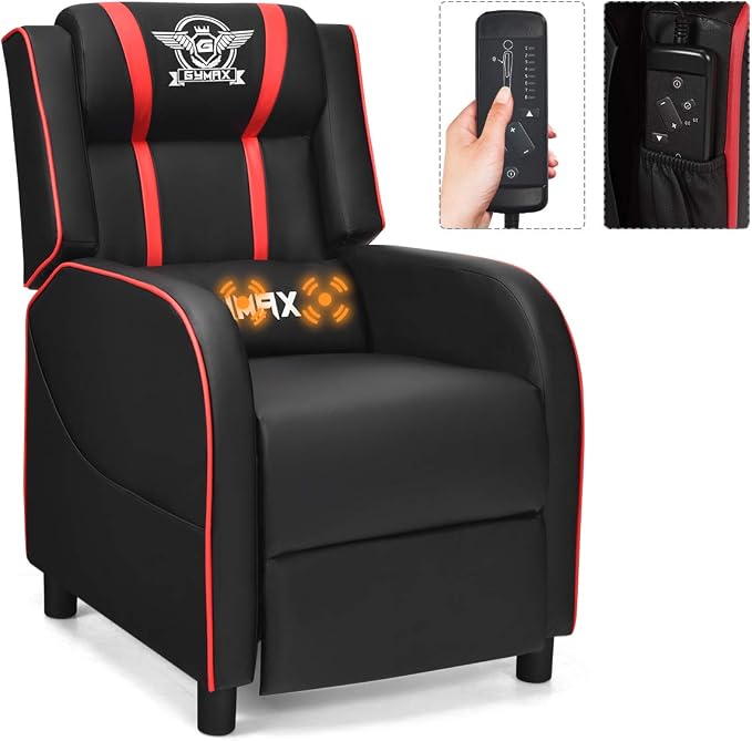 GYMAX Gaming Recliner, Massage Gaming Chair with Adjustable Footrest, Remote Control & Side Pocket, Ergonomic Game Lounge Chair, Racing Style Single Theater Seat Game Sofa for Adults (Red) by GYMAX