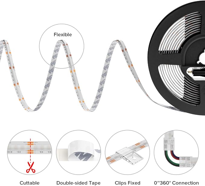 BTF-LIGHTING 16.4FT RGB Color Changing UL Listed DC12V COB LED Strip Kit - Image 4