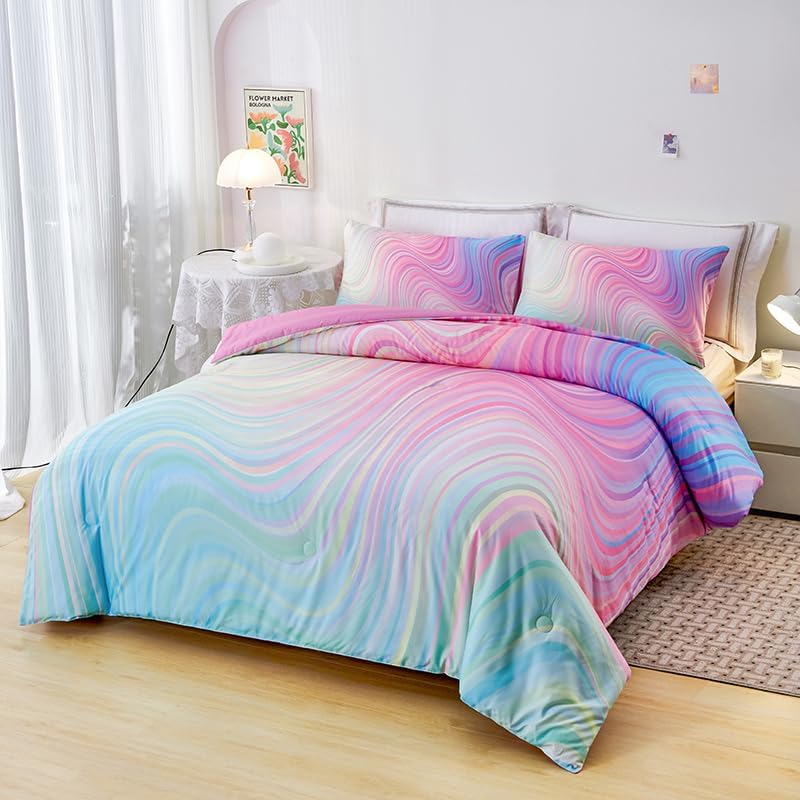 Girls Pink Comforter King,Pink Bedding Set for Girls,Tie Dye Comforter Set,Kids Comforter Set for Girl,Teen Bedding King with 2 Pillowcases,Rainbow Comforter Sets - Image 3