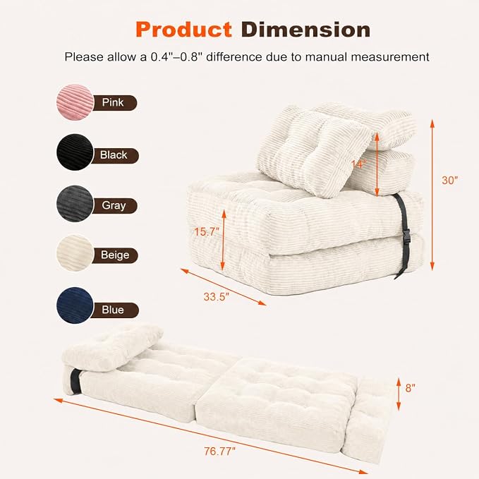 King Oasis Folding Sofa Bed, Corduroy Chair Bed with Pillows | 3-in-1 Fold Out Floor Sofa Couch with Headrest and Lumbar Pillows，for Living Room, Bedroom, Apartment, Dorm, Beige - Image 2