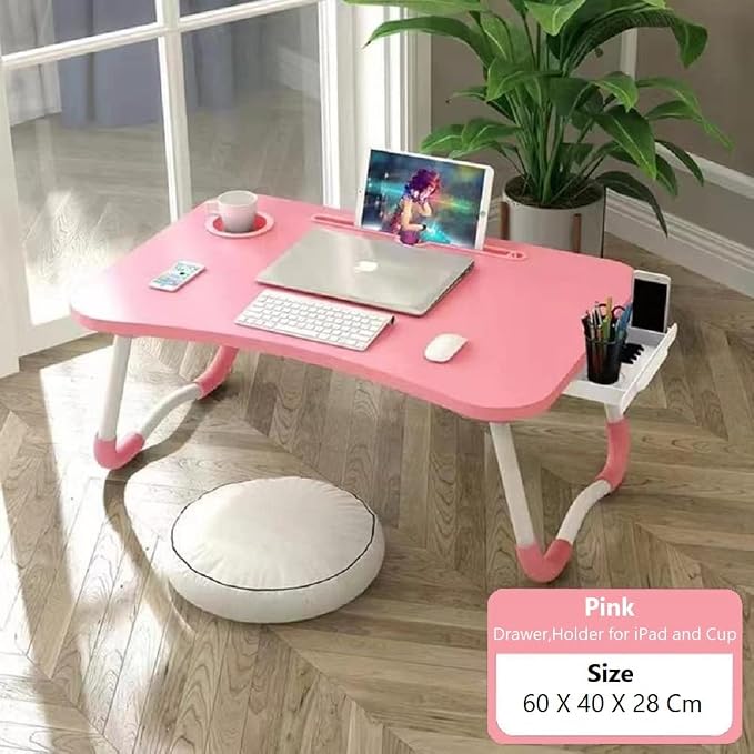 Laptop Bed Table, Foldable Laptop Desk Bed Tray with Storage Drawer, Lap Desk TV Tray for Breakfast Serving, Notebook Stand Reading Holder with Phone Slot and Cup Holder for Sofa Couch Floor-Pink - Image 7