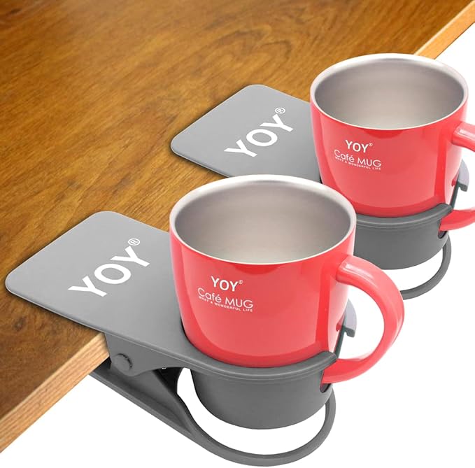 YOY 2 Pack Drink Cup Holder Clip - Table Desk Side Water Glass Beer Bottle Beverage Soda Coffee Mug Holder Cup Saucer Clip Design for Home Office, Gray by YOY