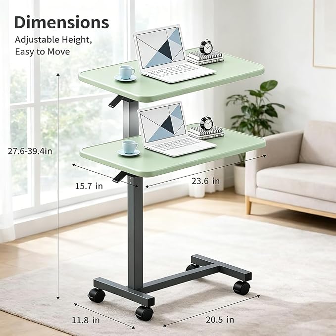 Adjustable Overbed Table with Wheels, Pneumatic Height Lift Rolling Bedside Table, Standing Desk for Home & Office Use, Ideal for Seniors & Limited Mobility (Light Green) - Image 2