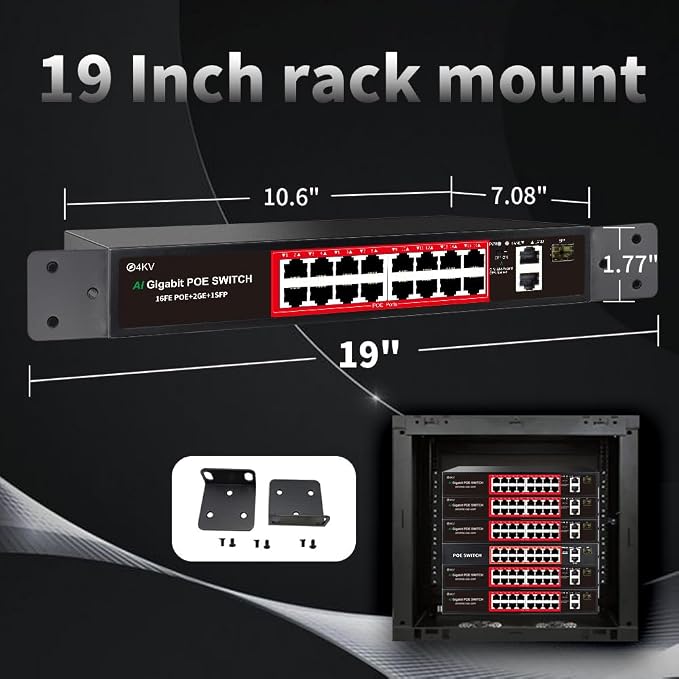 PoE Switch, 16 Port Managed POE+ Ethernet Switch(16 POE+ Ports+2 Gigabit Uplink,1 x 1.25G SFP), 240W Built-in Power, Support VLAN, QoS, Fanless Metal, Plug & Play(Wall Mount/Rack Mount) - Image 9