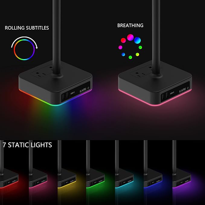 KAFRI RGB Dual Headphone Stand with USB C Charger Desk Gaming Double Headset Holder Hanger Rack with 3 USB Charging Port and 2 Outlet - Suitable for Gamer Desktop Table Game Earphone Accessories Gift - Image 2